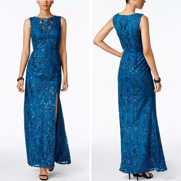 NWT ADRIANNA PAPELL DRESS 4 GOWN BLUE SEQUIN EMBROIDERED FLORAL MESH MAXI LONG - Picture 1 of 16